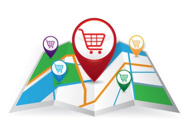Alışveriş sepeti sembolü harita simgesi, e-ticaret kavramı vektör ile iğne işaretçisi
