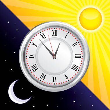 Saat gece ve gündüz, güneş ve ay ile mavi gökyüzü gece yıldız.
