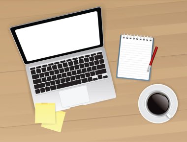 Bilgisayar masa üstü görünümü, işyeri karikatür, iş kavramı, vektör