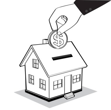 Evi çizgi çizme, iş kavramı, illüstrasyon vektör eps10 içinde dolar para koyarak el