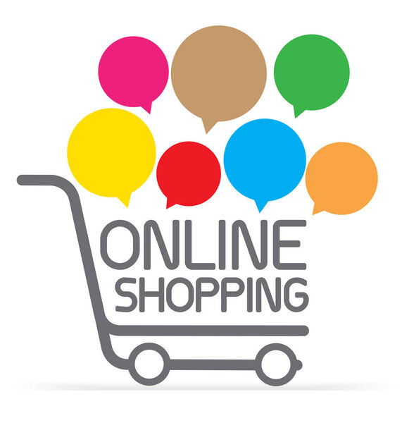 Online shopping on cart symbol with speech bubble, e-commerce concept vector