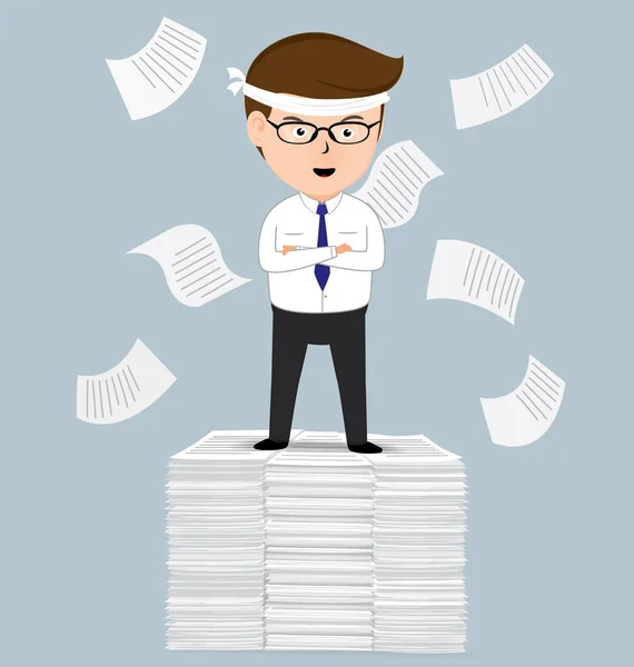 Businessman standing on pile of paper, business concept, vector 10 — Stock Vector