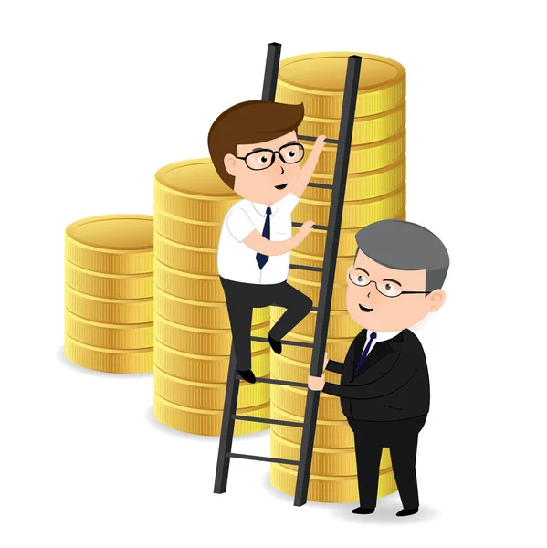 Senior businessman and Young businessman climbing the ladder with gold coins on white background (en inglés). vector concepto de negocio — Archivo Imágenes Vectoriales