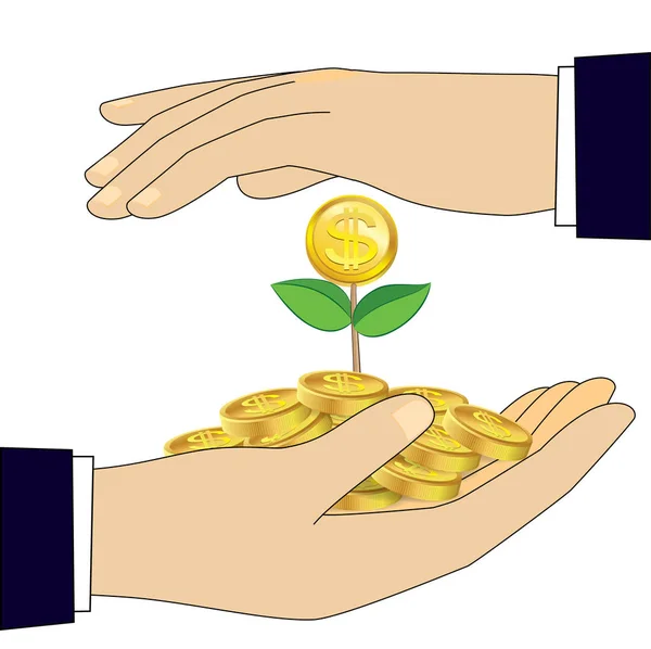 Árbol de monedas de oro en la mano sobre fondo blanco. concepto de financiación vector — Vector de stock