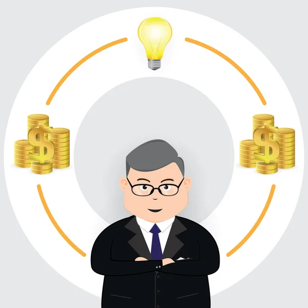 Hombre de negocios senior con cabeza de bombilla y signo de dólar de oro, vector concepto de negocio — Vector de stock