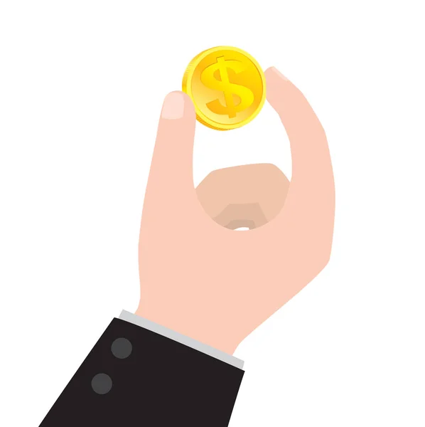 Mano sosteniendo monedas de oro sobre fondo blanco. vector concepto de negocio — Vector de stock