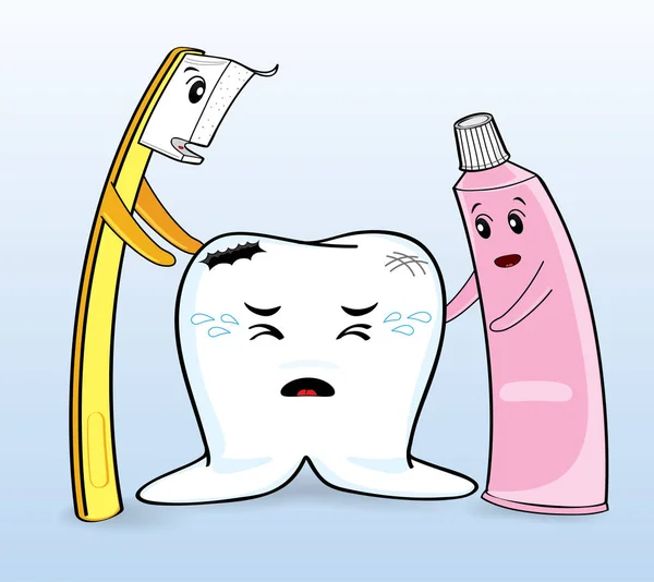 Cartoon tekens tand worden verwond en tandenborstel met tandpasta — Stockvector