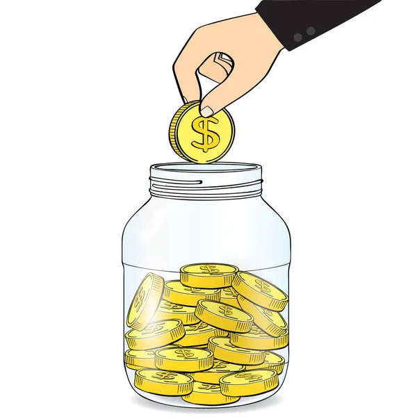 Mano poner moneda de oro en botella, vector concepto de negocio — Vector de stock