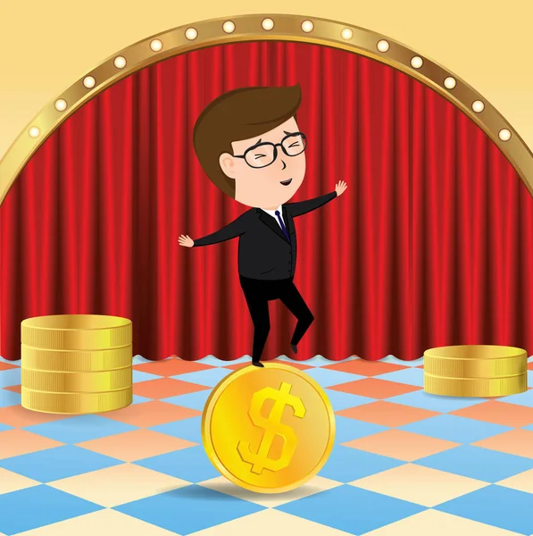 Homem de negócios andando sobre a moeda de ouro no teatro. Conceito de negócio, Ilustração Vetor eps10 — Vetor de Stock