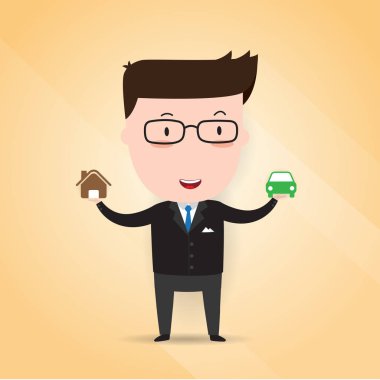 Ev simgesi bir elinde ve araba simgesi, iş kavramı, tutan işadamı vektör 10