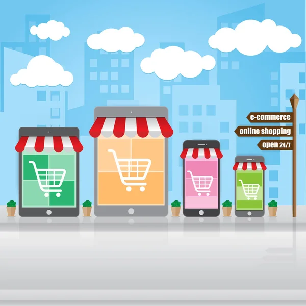 Compras on-line, e-commerce no mercado de smartphones, ilustração vetorial — Vetor de Stock