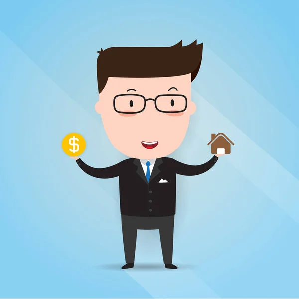 Επιχειρηματίας, κρατώντας το σπίτι εικονίδιο σε ένα εικονίδιο χεριού και χρήματα, σύμβολο του δολαρίου, της επιχειρηματικής ιδέας, διάνυσμα 10 — Διανυσματικό Αρχείο