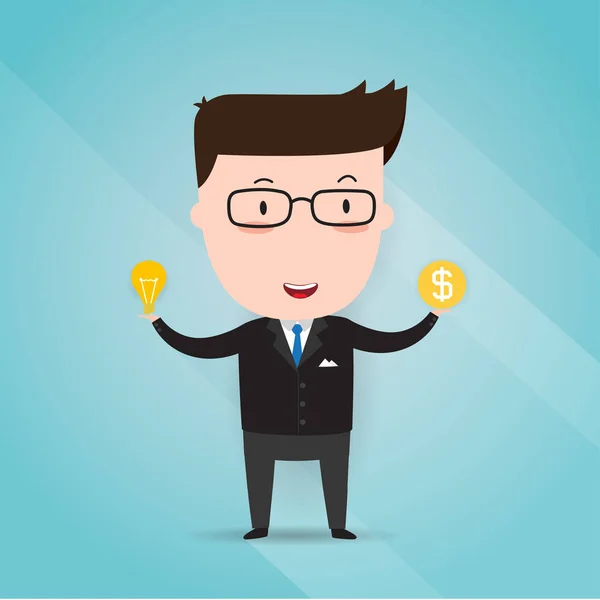 Businessman holding idea icon in one hand and money icon, dollar sign, business concept, vector 10 — Stock Vector