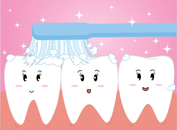 Feliz lindo diente de dibujos animados y cepillo de dientes — Vector de stock
