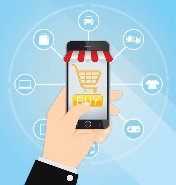 Internet shopping online mano con Smartphone e icone, e-commerce concetto vettoriale — Vettoriale Stock
