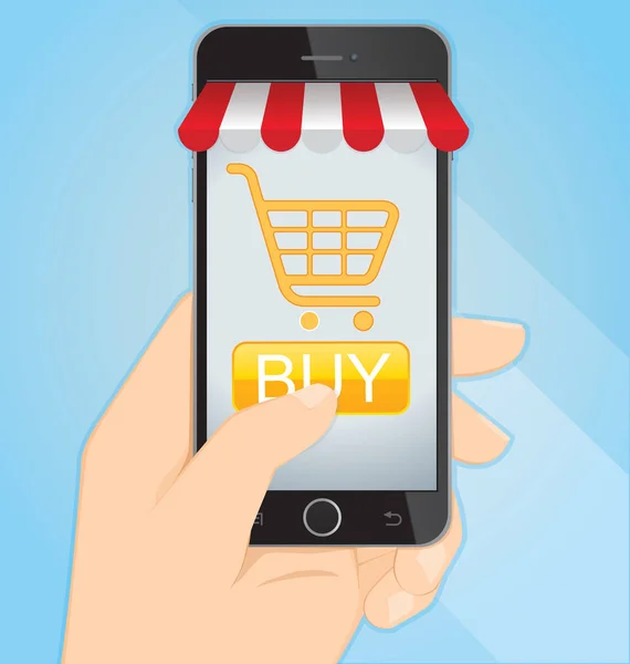 Mão de compras on-line da Internet com Smartphone e ícones, vetor conceito de e-commerce —  Vetores de Stock