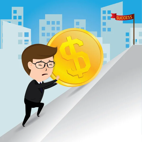 Businessman pushing a gold coins uphill, business concept, vector — Stock Vector