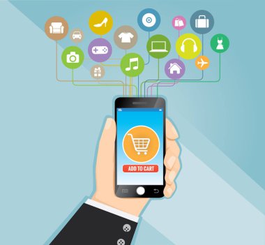 El ile alışveriş, e-ticaret kavramı vektör akıllı telefon tutarak