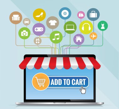 Bilgisayar tente ve sepet çizgi alışveriş, e-ticaret kavramı vektör