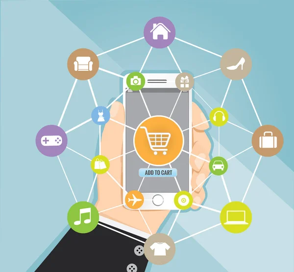 Ręka trzyma inteligentny telefon z zakupami, e-commerce koncepcja wektor — Wektor stockowy