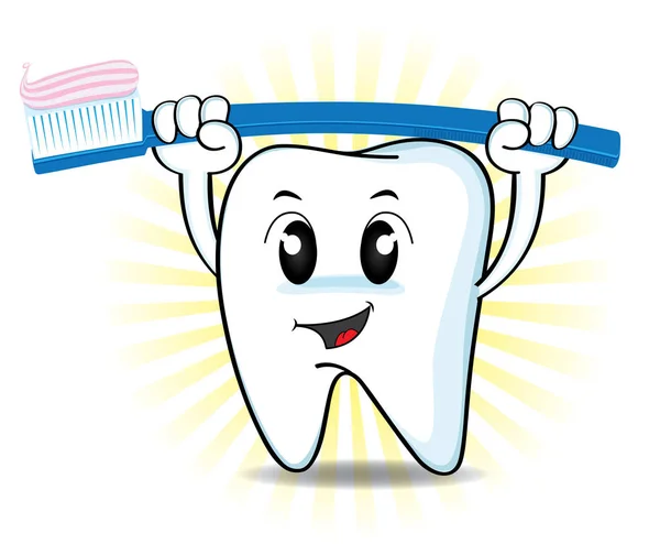 Bonito desenho animado dente levantando uma escova de dentes — Vetor de Stock
