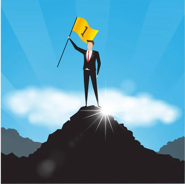Personajes empresariales. El hombre de negocios sostiene una bandera dorada en la cima de una montaña. Número uno. Hombre de negocios exitoso — Archivo Imágenes Vectoriales