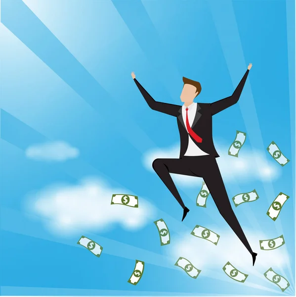 Personagens comerciais. Homem de negócios saltar e correr com dinheiro, conceito de empresário bem sucedido . — Vetor de Stock