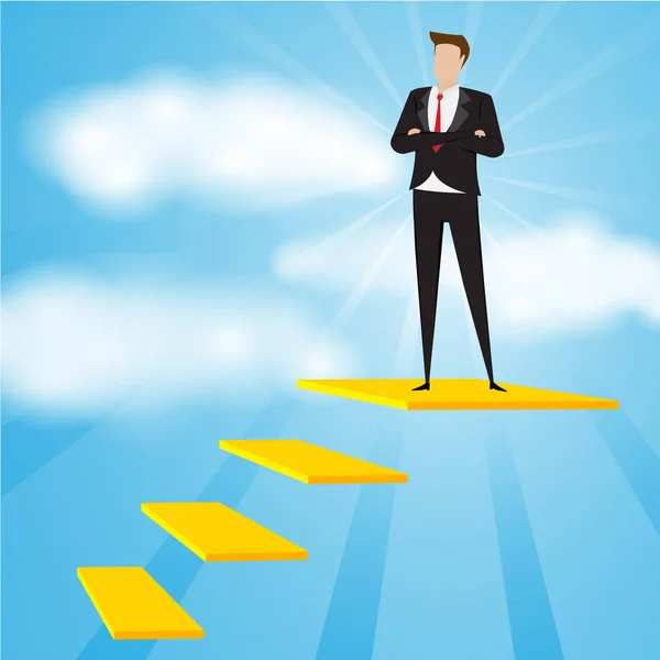 Obchodní znaky. Podnikatel, stojící na zlaté desce s modrým pozadím, úspěšný podnikatel koncept. — Stockový vektor