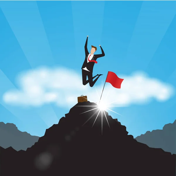 ビジネス文字。幸せな実業家ジャンプ山の頂上の旗。成功するビジネス人 — ストックベクタ