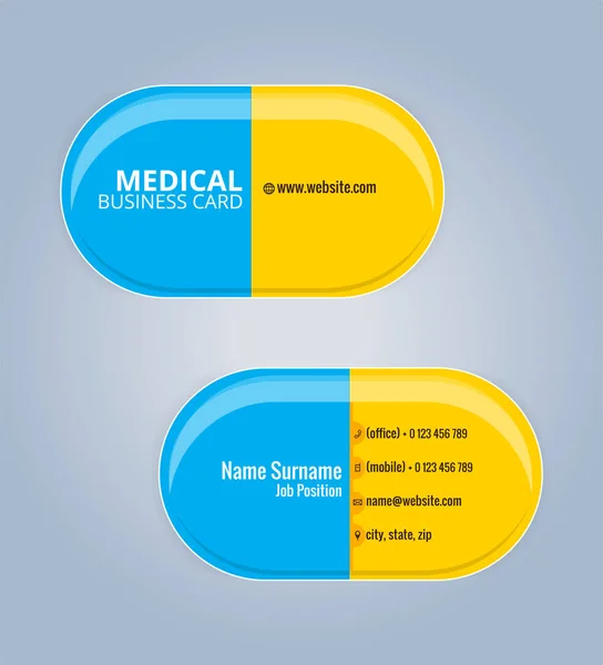 Žluté a modré lék kapsle vizitky šablony, zdravotnictví, zdravotnické karty šablony, 10 vektorové ilustrace — Stockový vektor