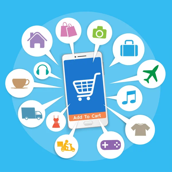 Smartphone avec panier boutique en ligne, icône d'achat en ligne, vecteur de concept e-commerce — Image vectorielle