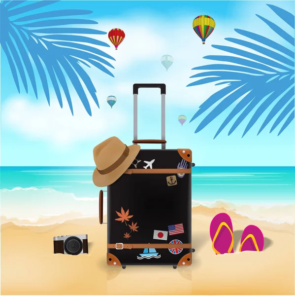 Reisetasche am Strand Hintergrund, Reisezeit, Vektor — Stockvektor