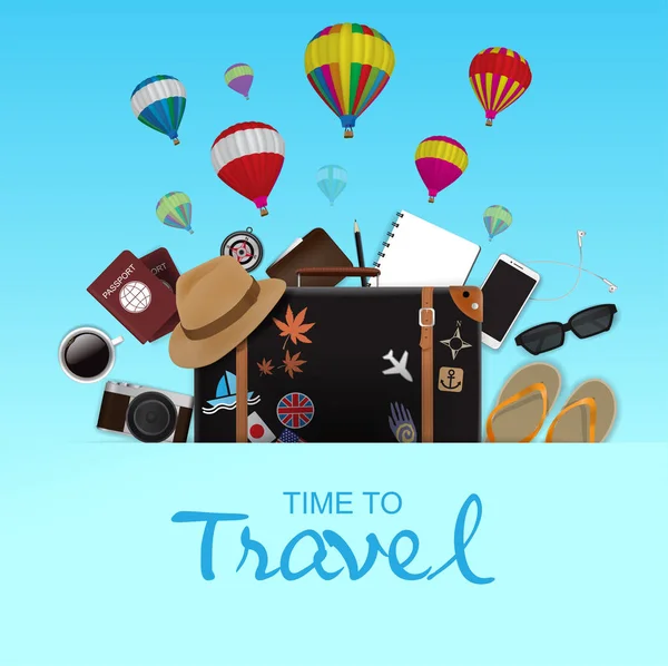 Reisetasche auf blauem Hintergrund, Reisezeit, Vektor — Stockvektor