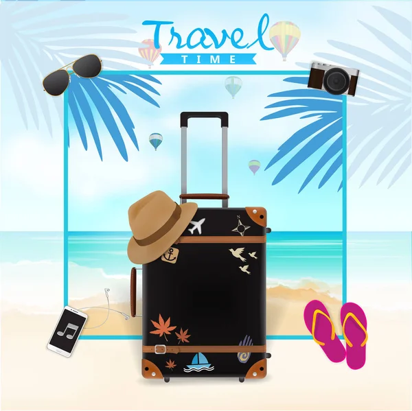 Τσάντα ταξιδίου σε διάνυσμα φόντο, χρόνος ταξιδιού, παραλία — Διανυσματικό Αρχείο