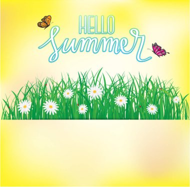 Merhaba yaz, çimen çiçekler ile yukarıda uçan kelebek, Bahar, yaz arka plan