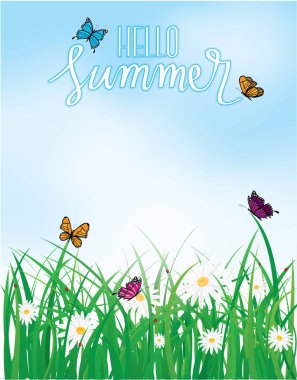 Merhaba yaz, çimen çiçekler ile yukarıda uçan kelebek, Bahar, yaz arka plan
