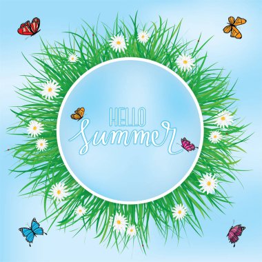 Merhaba yaz, çimen çiçekler ile yukarıda uçan kelebek, Bahar, yaz arka plan