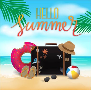Merhaba Summer, plaj arka plan, seyahat süresi, vektör