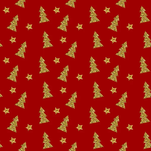 Seamless mönster av guld julgran på röd bakgrund. Vektorillustration. — Stock vektor
