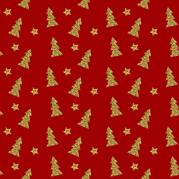 Seamless pattern of gold Christmas tree on red background. Vector illustration. Stock Vector