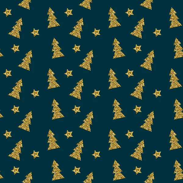 Seamless pattern of gold Christmas tree on blue background. Vector illustration. Vector Graphics