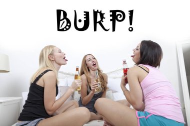 happy drunken women sitting in the bed wearing pajamas und lingerie having alcoholic drinks and poking out their tongues while burping clipart