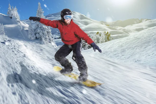 Snowboarder Slides Highspeed Downhill Beautiful Snowy Mountain Landscape Powder Snow — Stock Photo, Image