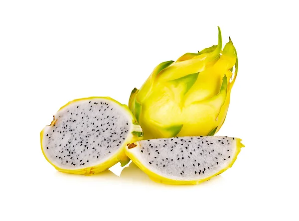 Whole and half cut fresh dragon yellow shell fruit on white back Stock Picture