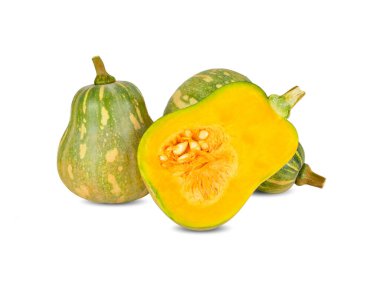 bütün ve yarım beyaz arka plan üzerinde kök ile taze butternut kabak kesilmiş
