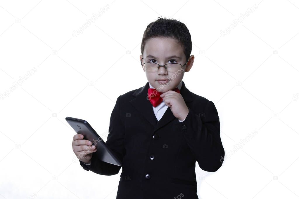 Pensive business boy using tablet