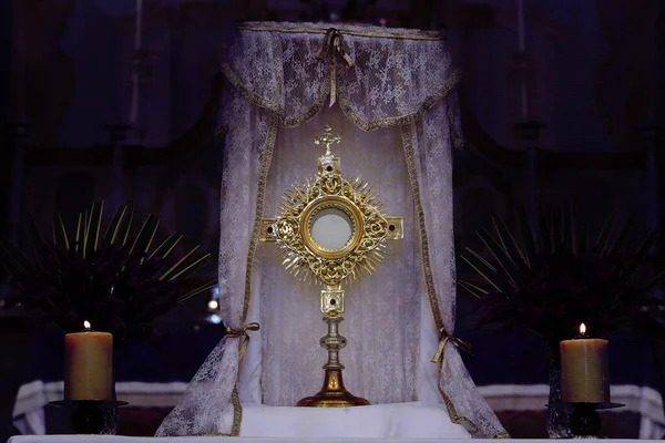 Ostensory for worship at a Catholic church ceremony - Adoration to the Blessed Sacrament - Catholic Church - Eucharistic Holy Hour - Holy Week