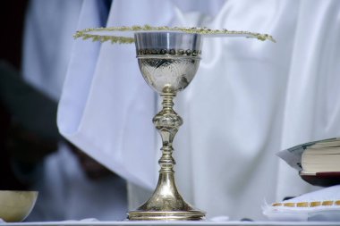 Kutsal Wafer. Kilisede kutsal cemaat. Kutsal ayine katılacağım. Rahip kilisede ayini kutluyor. Bir bardak kırmızı şarap, ekmek. Corpus Christi ziyafeti.