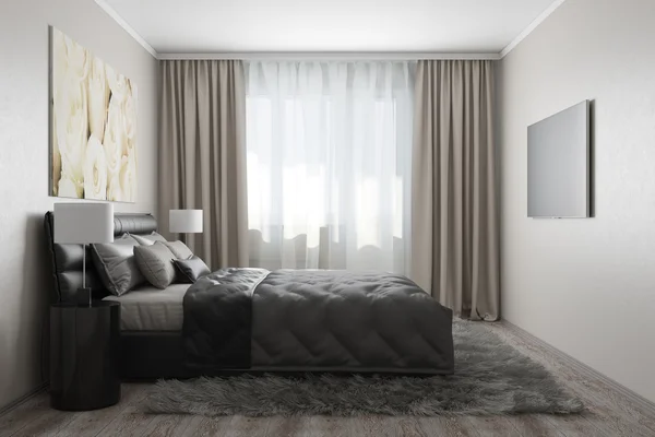 Modernes Schlafzimmer mit weißen Rosen — Stockfoto