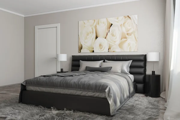 Современная спальня с белыми розами — стоковое фото
